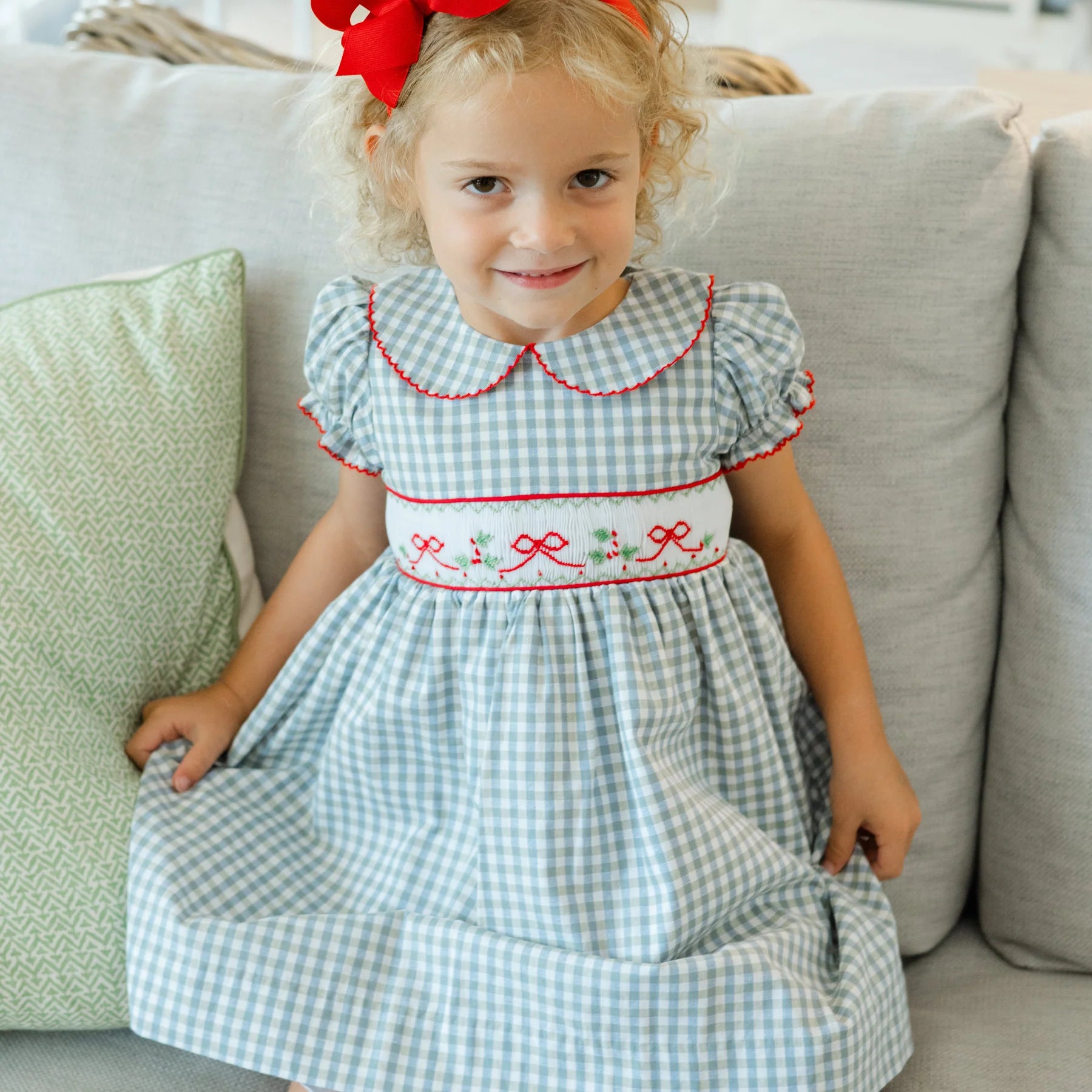 Girl's Green Gingham Smocked Bow Dress