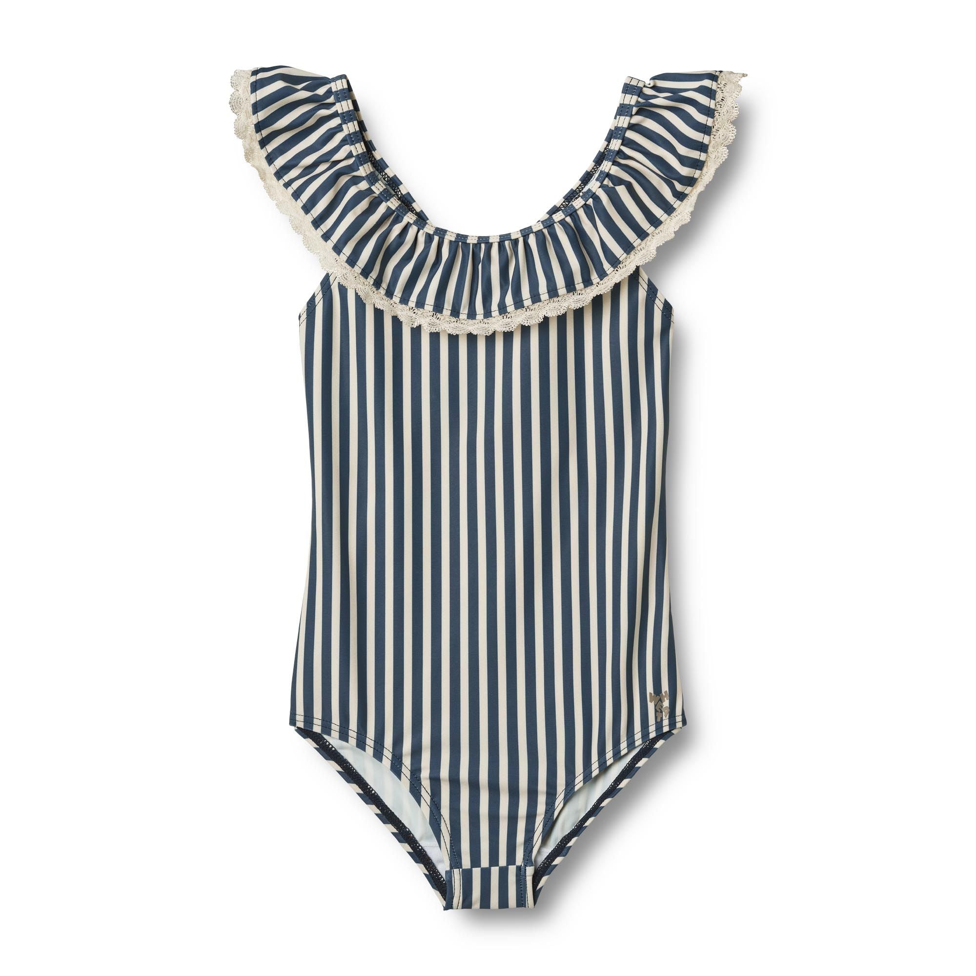 Navy Stripe Swimsuit with Ruffle Collar