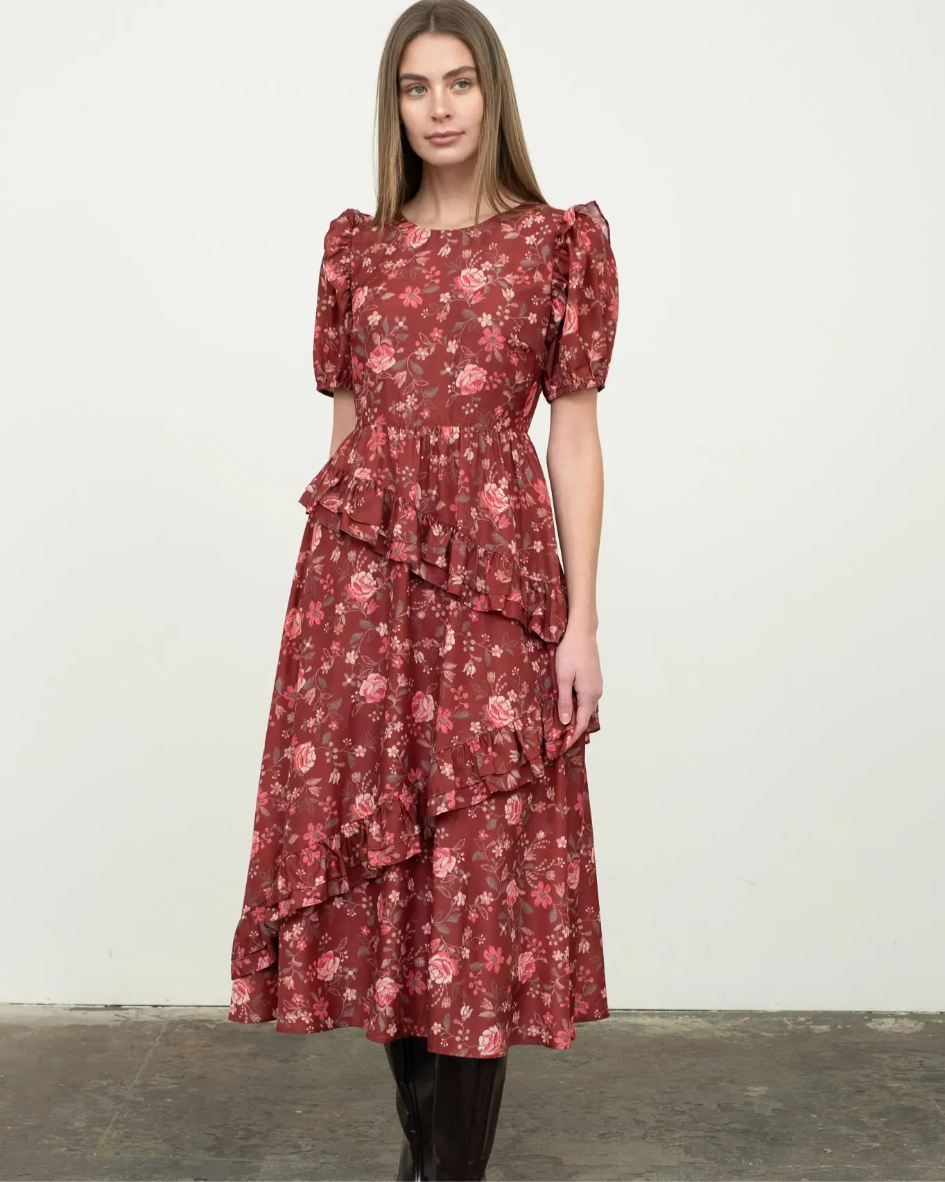 Olivia Burgundy Floral Ruffle Dress