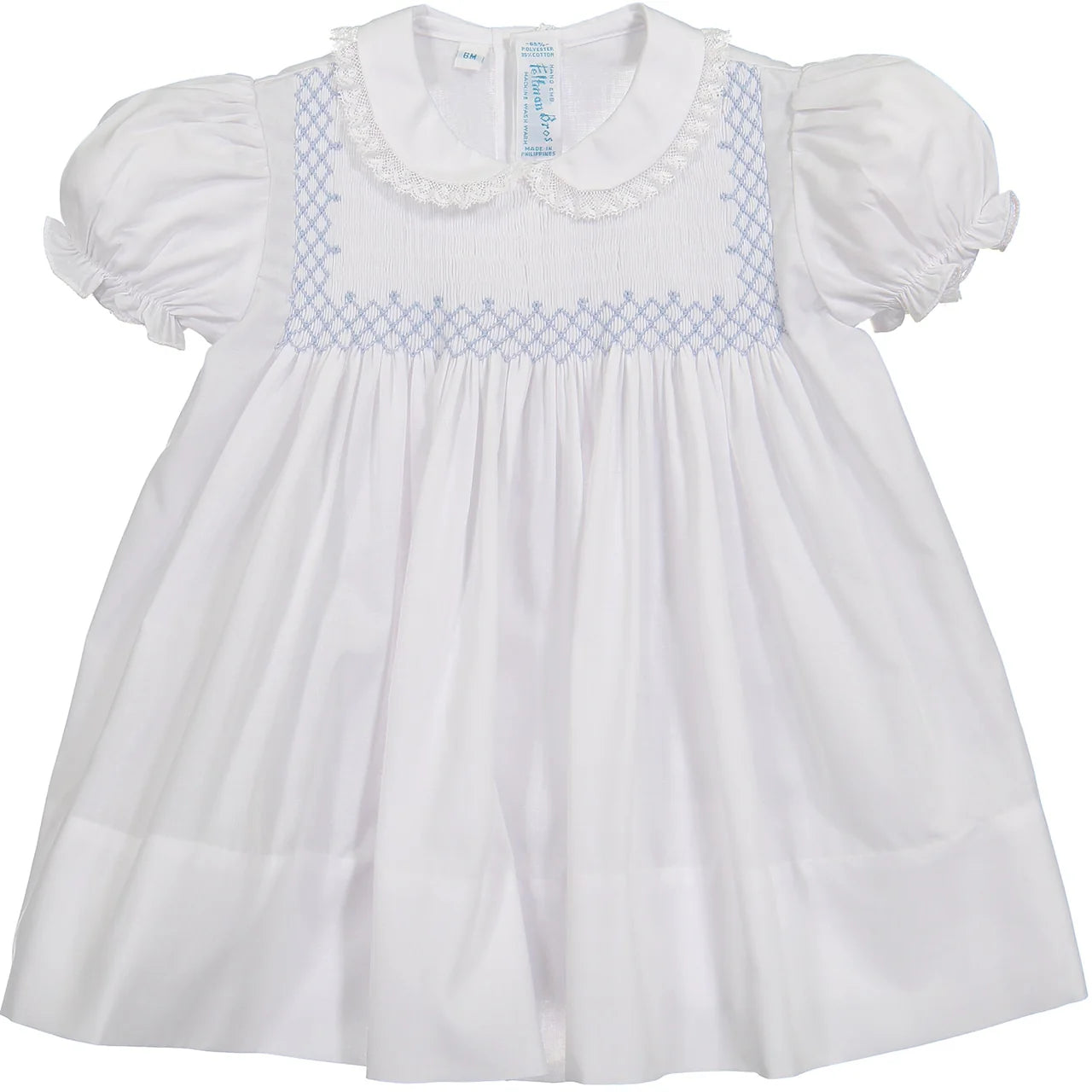 Girl's White Smocked Dress Blue Lattice Embroiderey