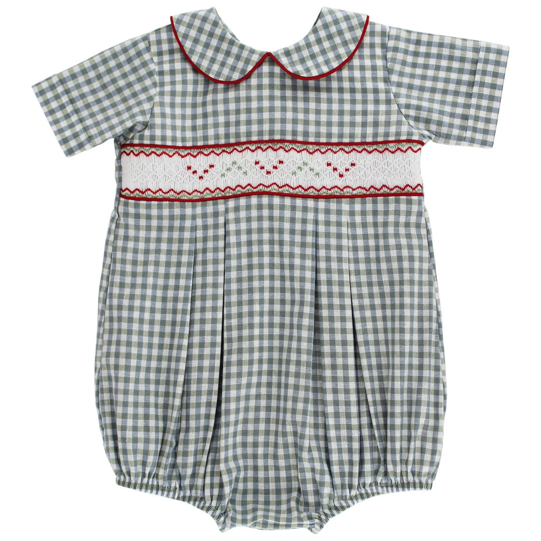 Green Gingham Red Piped Smocked Bubble