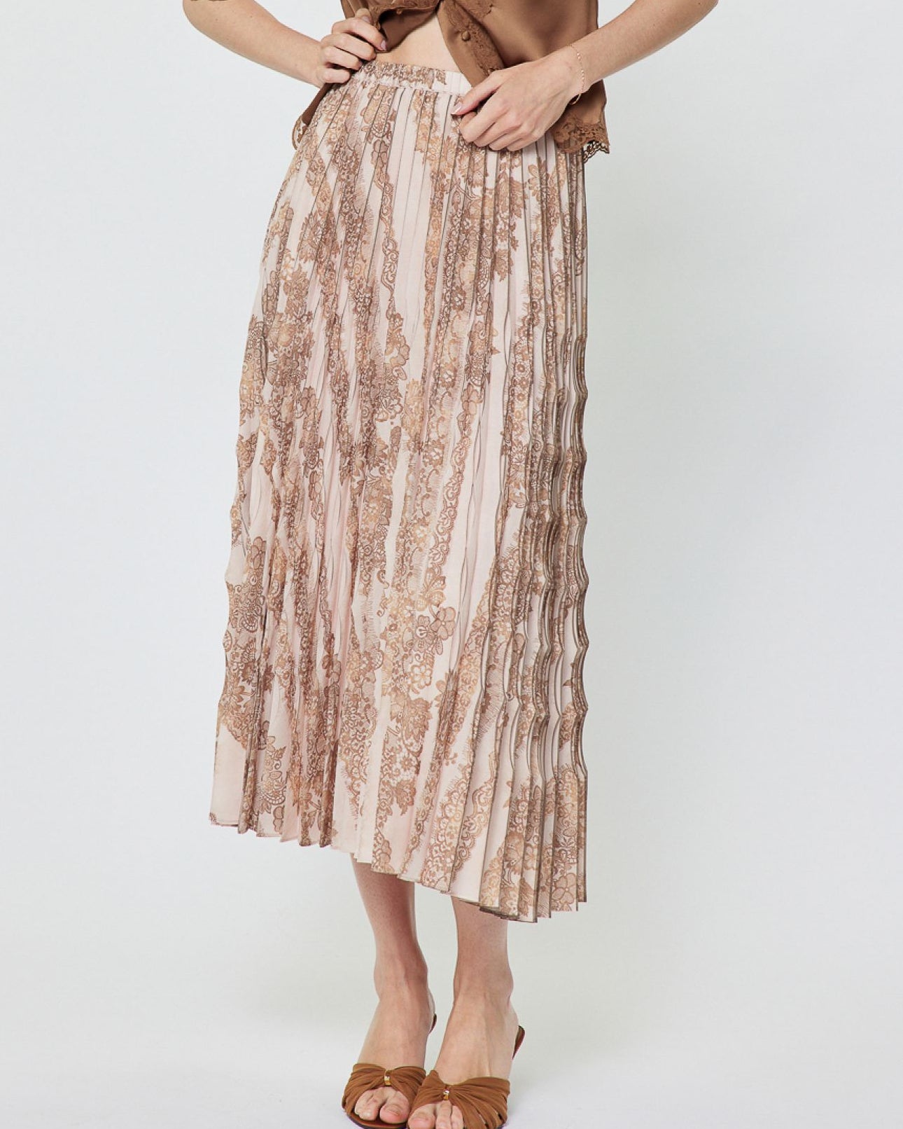 Blush Lace Print Pleated Skirt