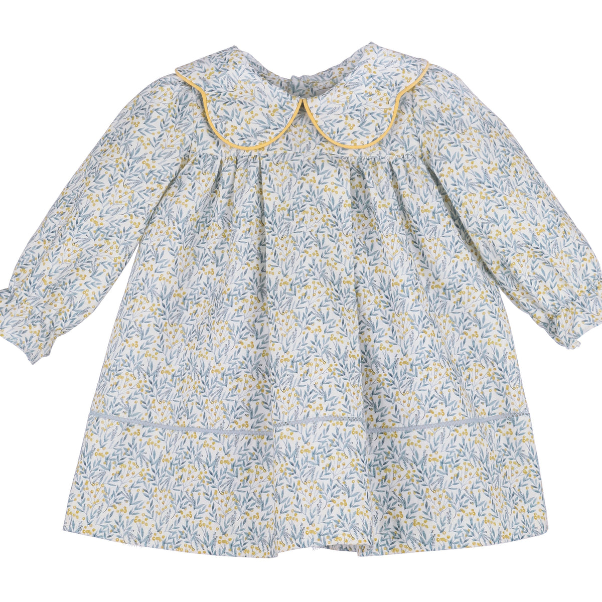 Blue and Gold Print Float Dress Piped Collar