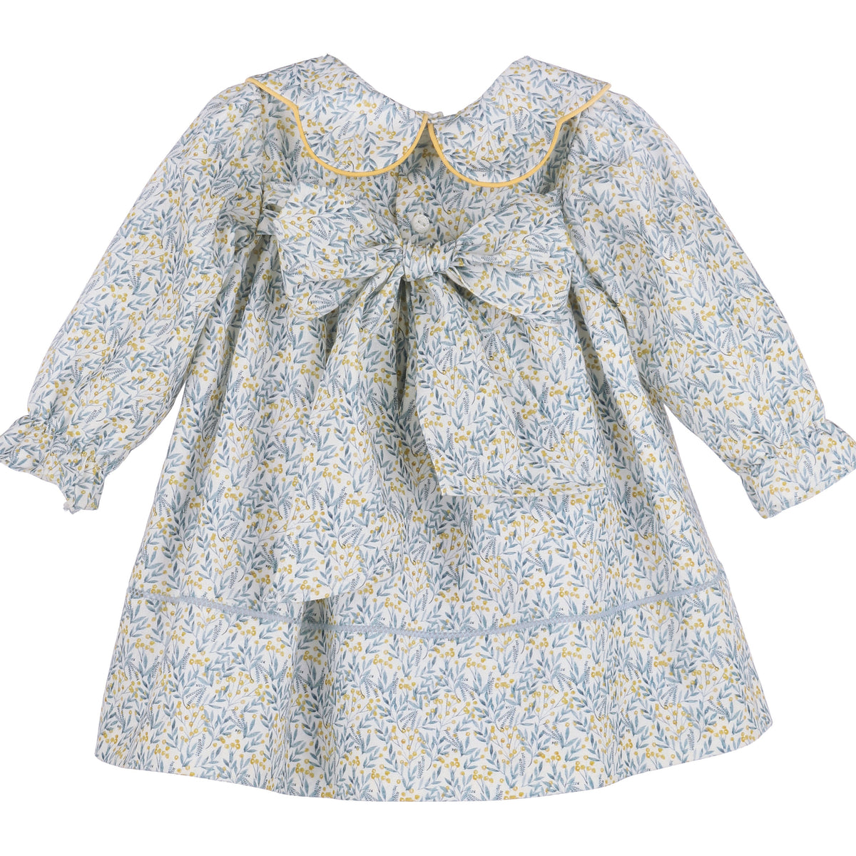 Blue and Gold Print Float Dress Piped Collar