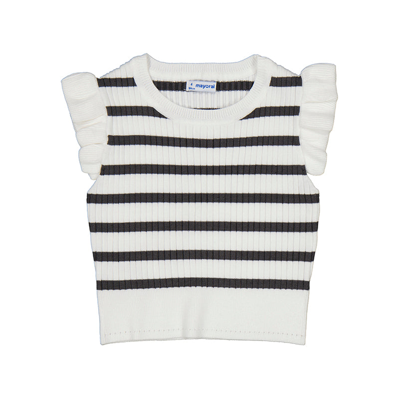 Girl's White Black Stripe Flutter Sleeve Sweater