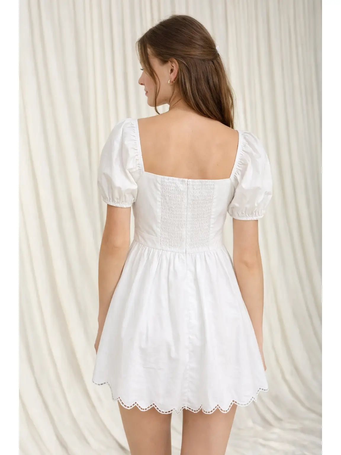 Women's White Embroidered Scallop Mini Dress