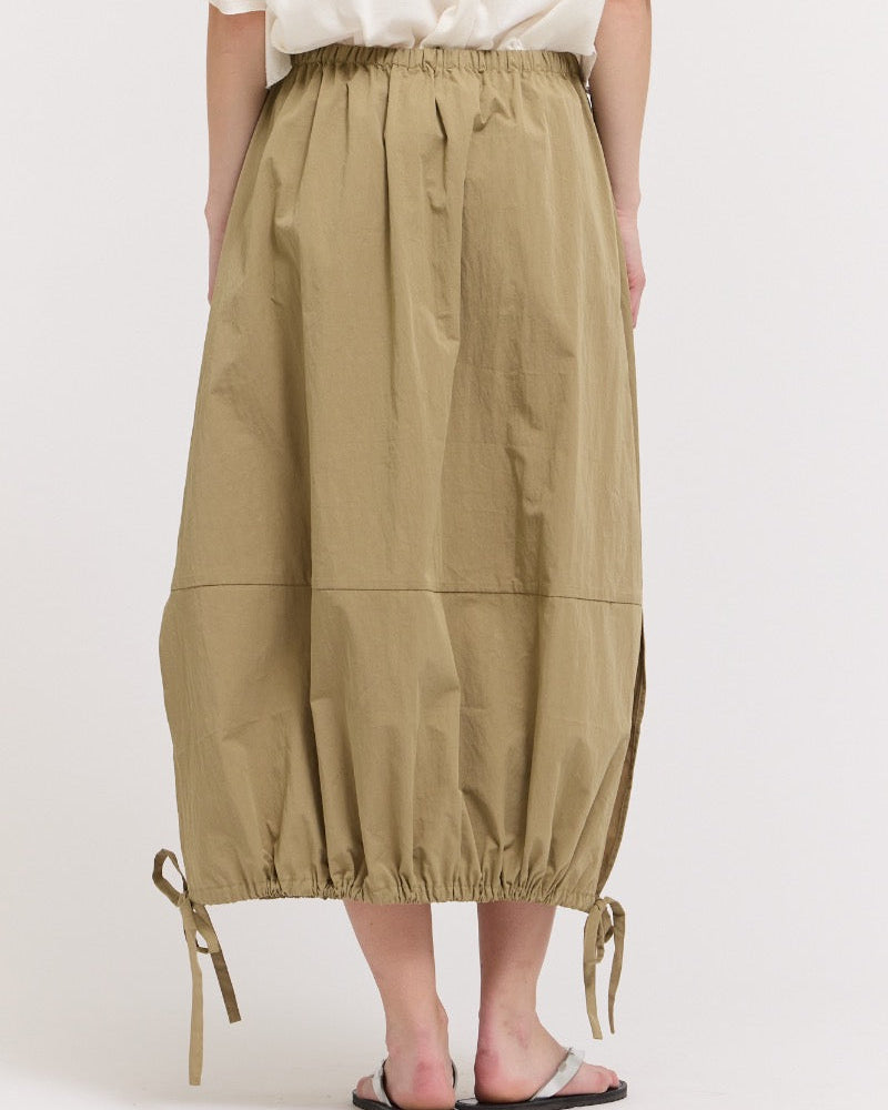 Khaki Poplin Drawstring Hem Nylon Skirt
