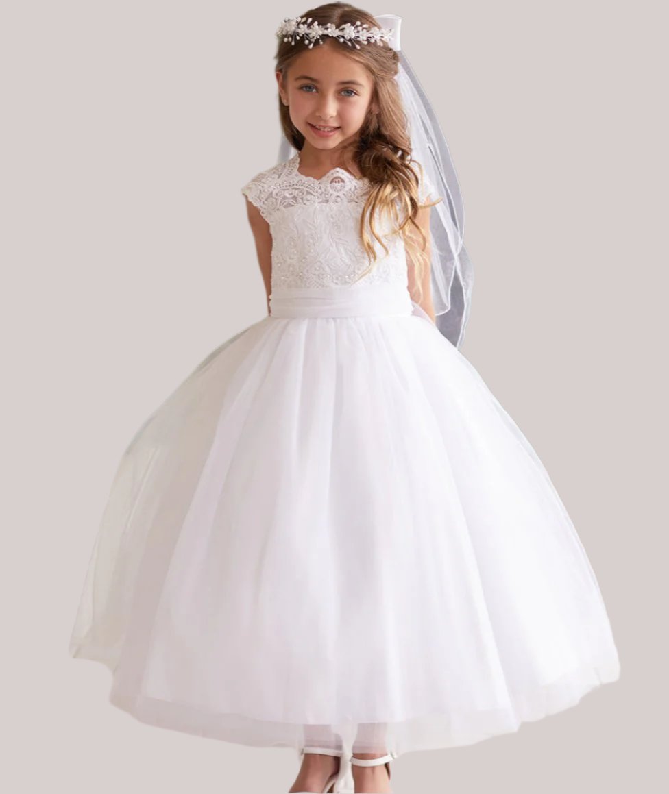 Girl's White Embroidered Lace and Pearl Dress