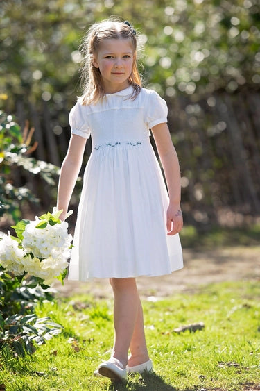 Girl's White Smocked Dress with Green Leaf