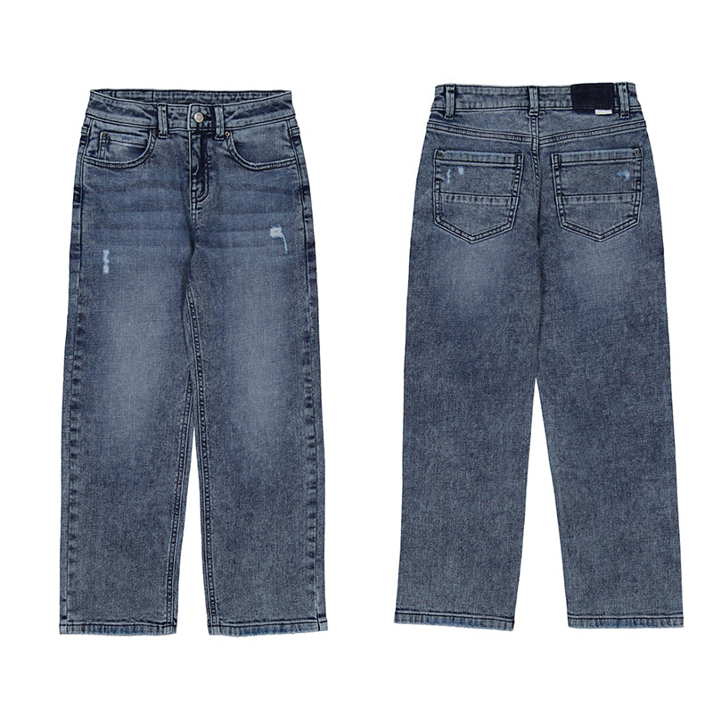 A pair of blue jeans showing both the front and back of the jeans
