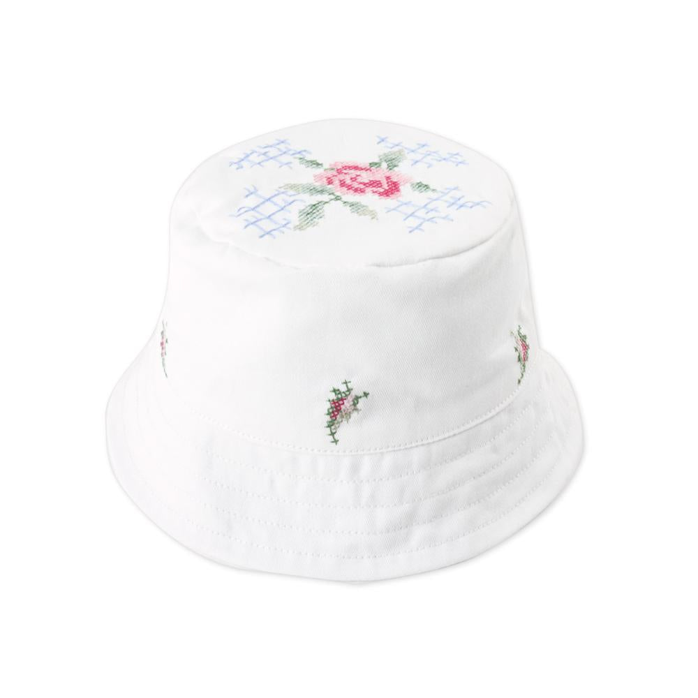 White Cross-Stitch Bucket Hat