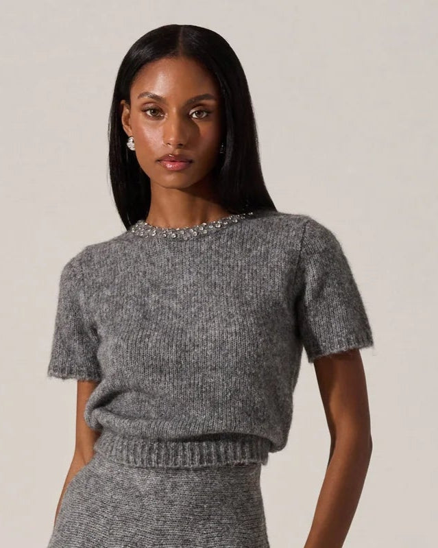 Malvie Grey Beaded Neckline Sweater
