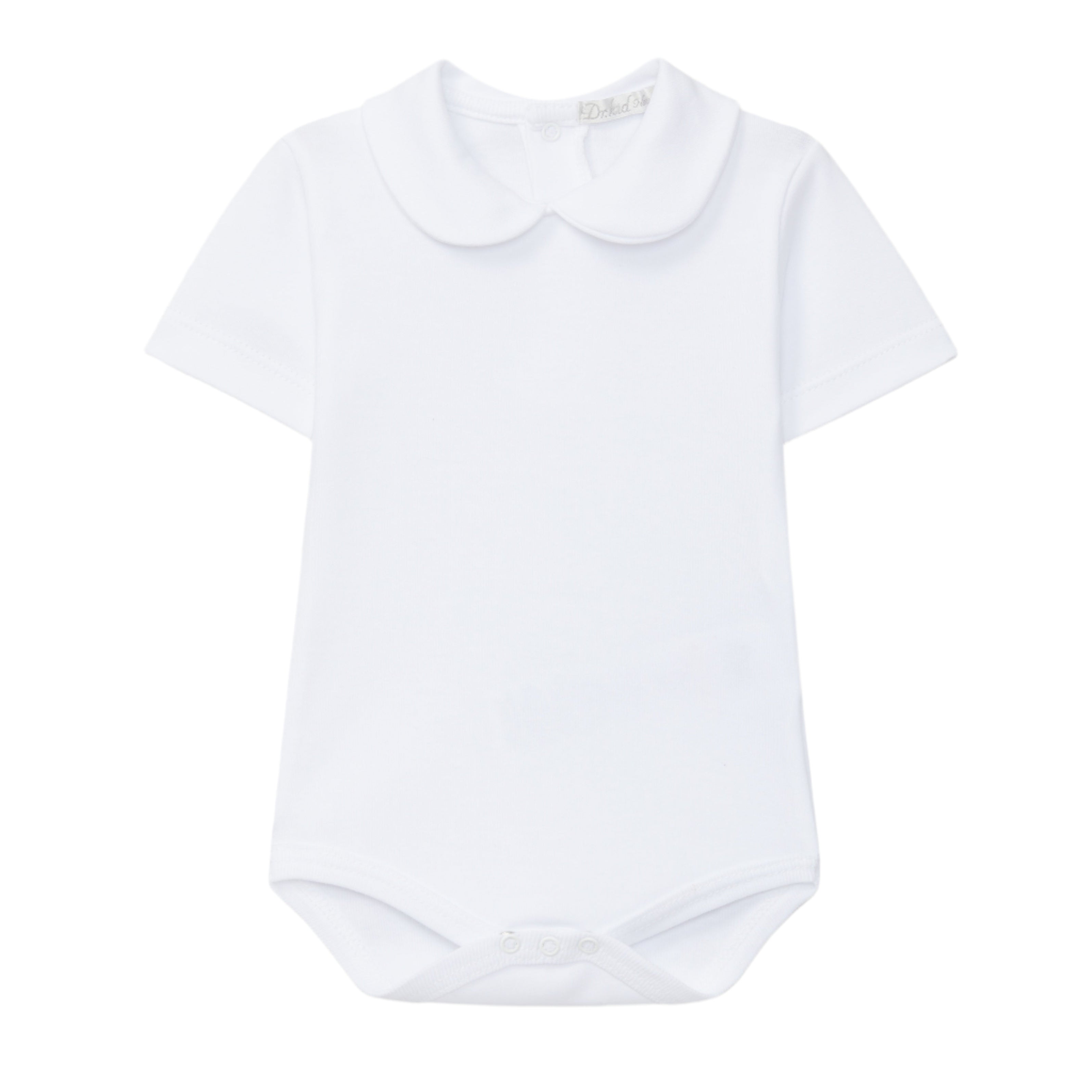 A white round collar onesie for baby.