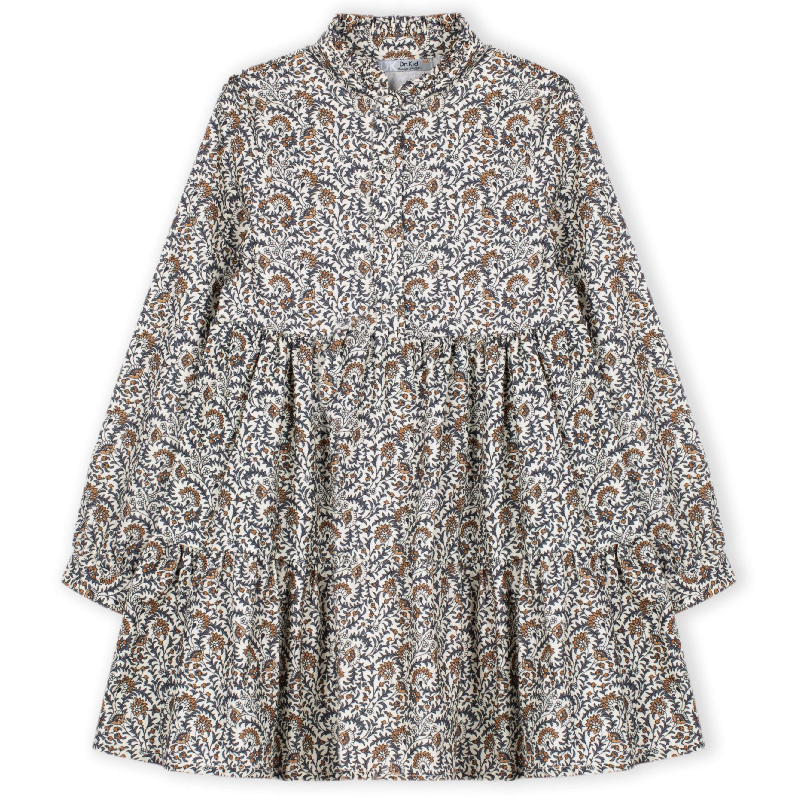 Girl's Charcoal Ruffle Neck Gold Scroll Print Dress