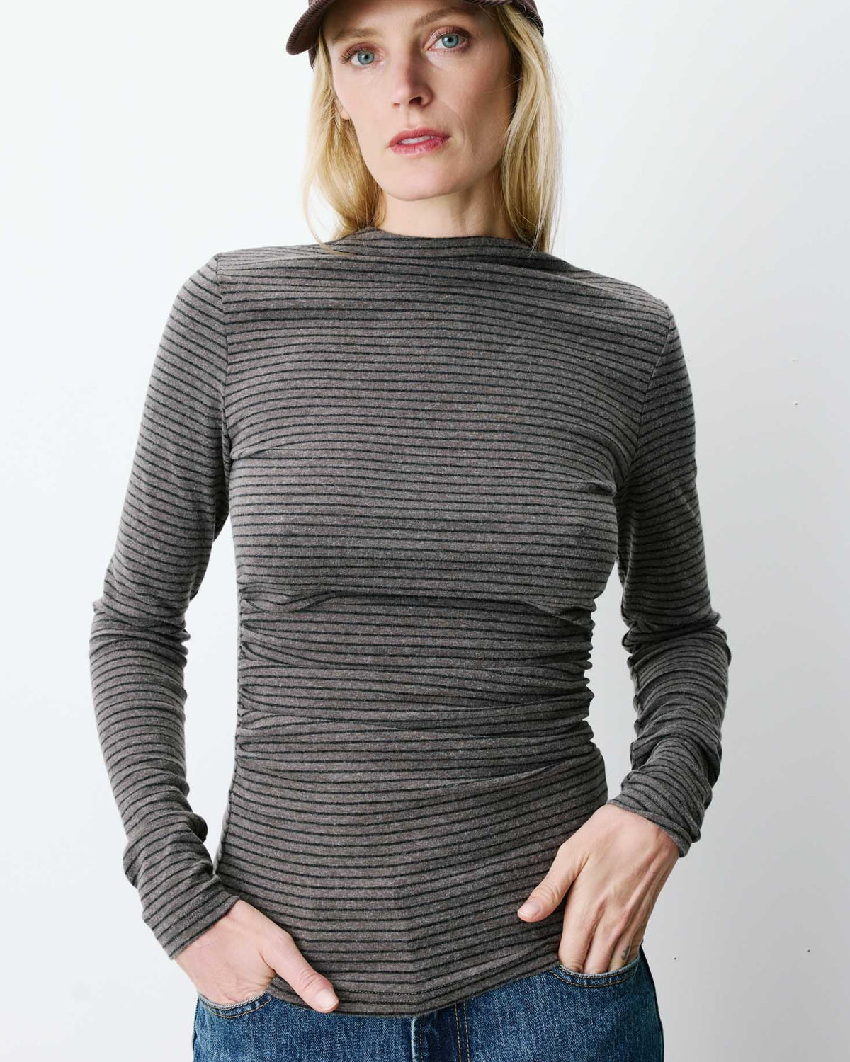 Anthracite Stripe Gathered Side Tee