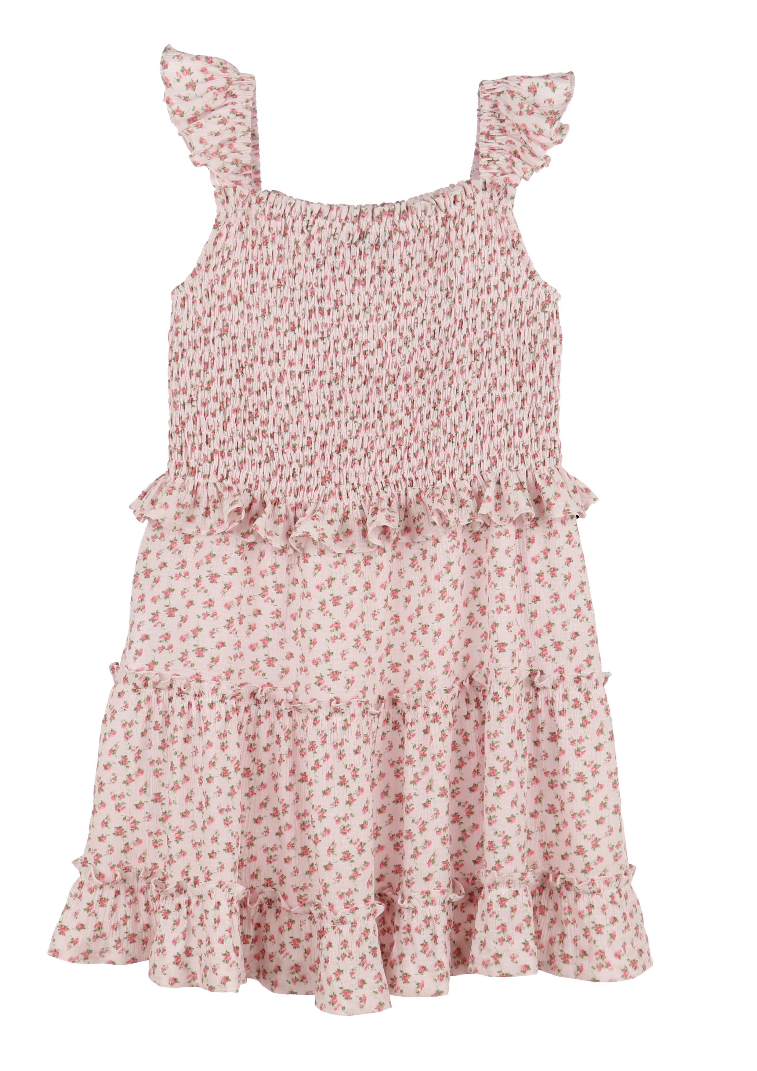 Girl's Pink Rosebud Shirred Dress Flutter Sleeve