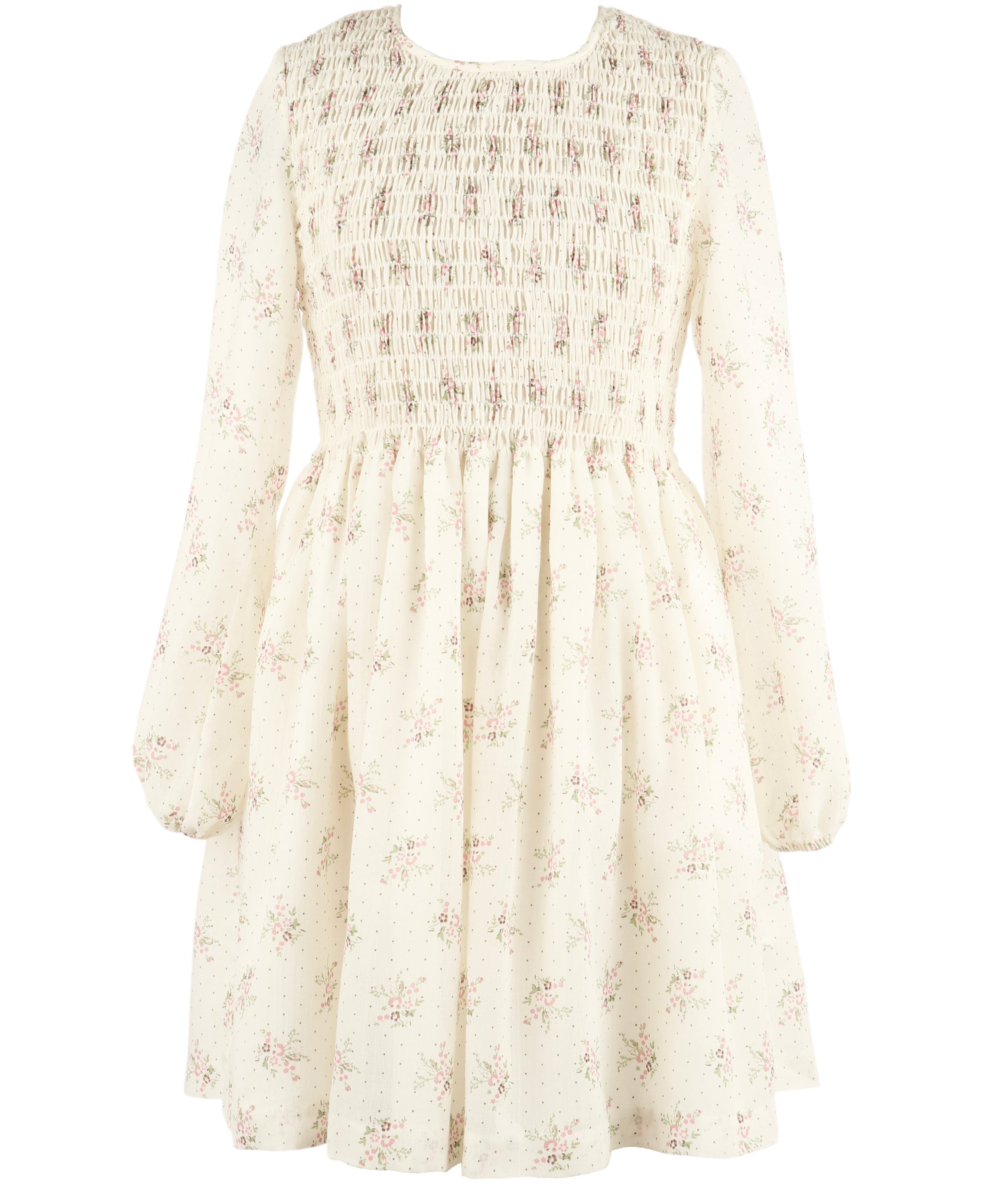 Girl's Cream Sheer Bouquet Print Dress