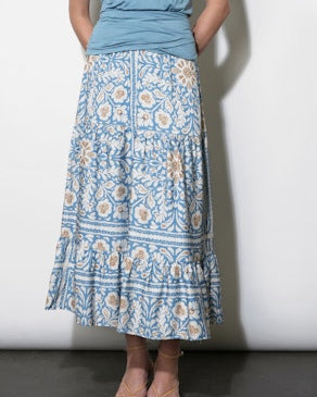 Women's Blue Print Midi Skirt