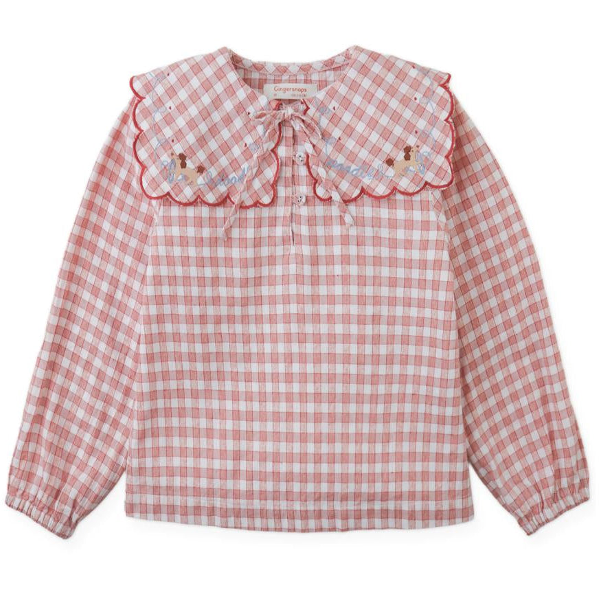 Red Check Embroidered Collar Blouse