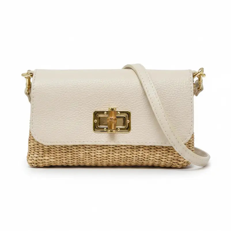Leather Bamboo Clasp and Raffia Crossbody Bag