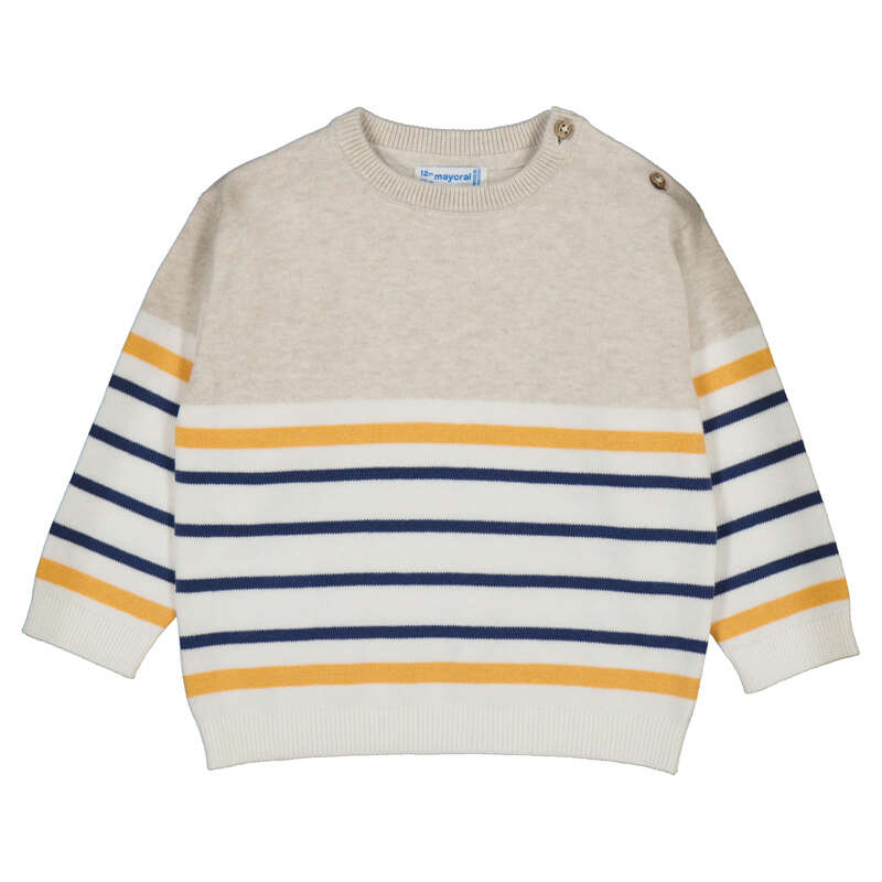 Tan Crew Sweater with Navy Orange Stripe