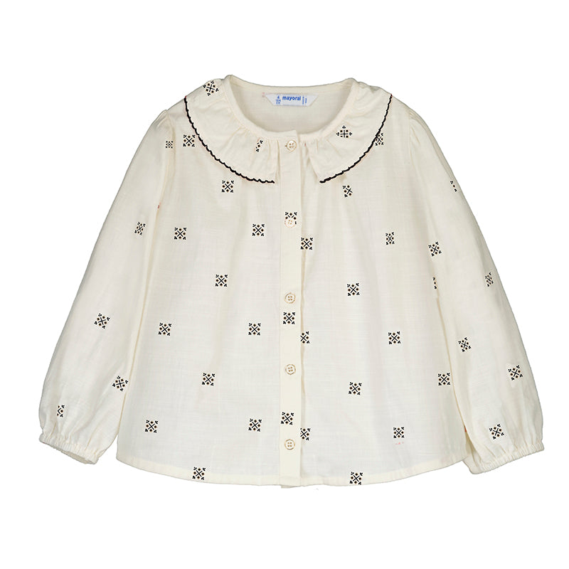 Girl's Cream Black Block Print Blouse