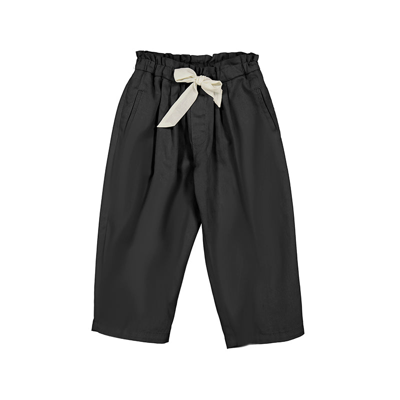 Girl's Black Paperbag Pant with Cream Tie