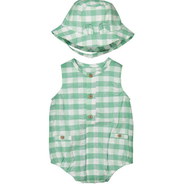 Green Check Seersucker Romper & Hat