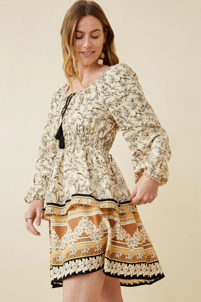 Mickela Peasant Mini Dress With Border