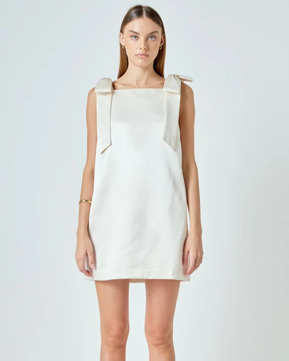 Ivory Satin Shift Dress with Bows