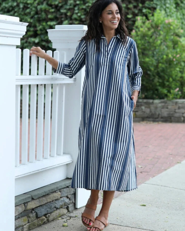 Sara Navy Wide Stripe Shirt Dress