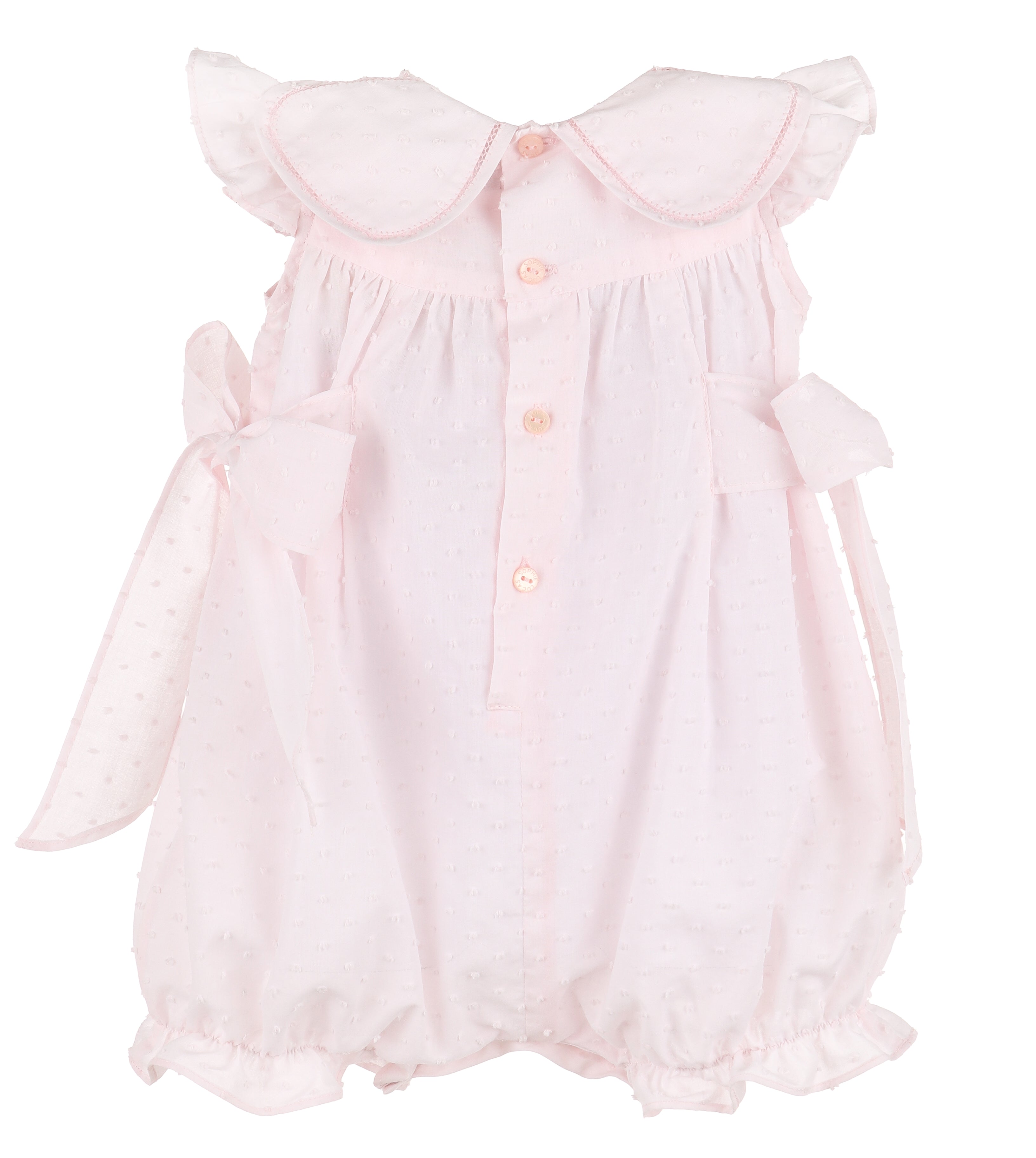 Pink Dotted Swiss Romper Embroidered Petal Collar