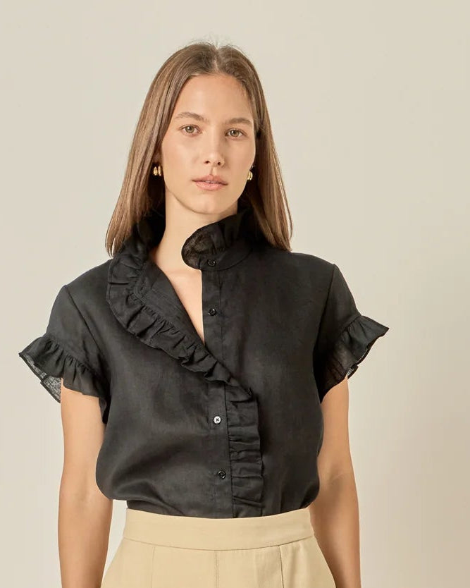 Black Linen Ruffle Trim Blouse