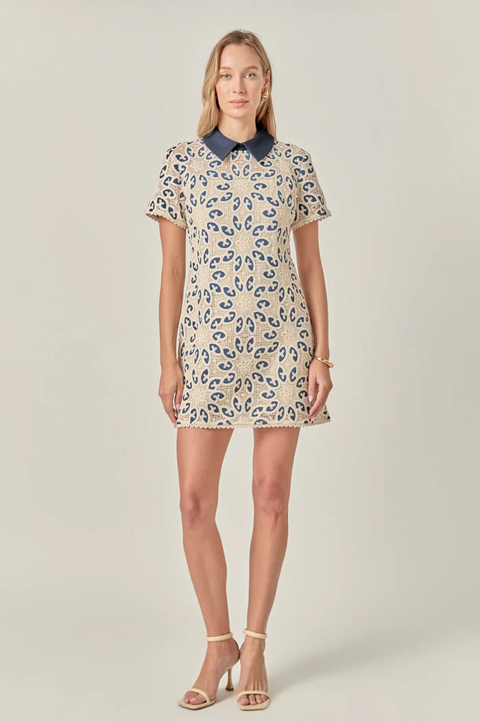 Colette Navy Beige Crochett Mini Dress