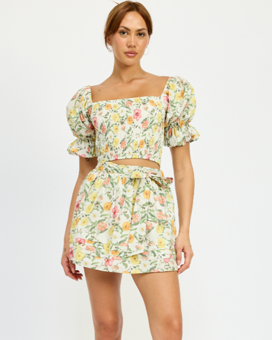 Marina Yellow Floral Crop Top and Mini Skirt