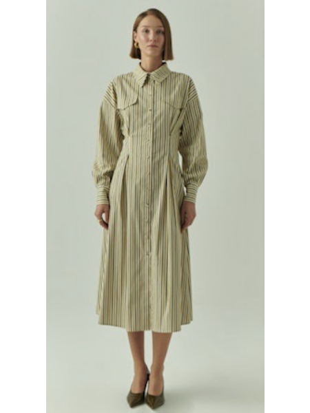 Flora Brown Olive Stripe Shirt Dress