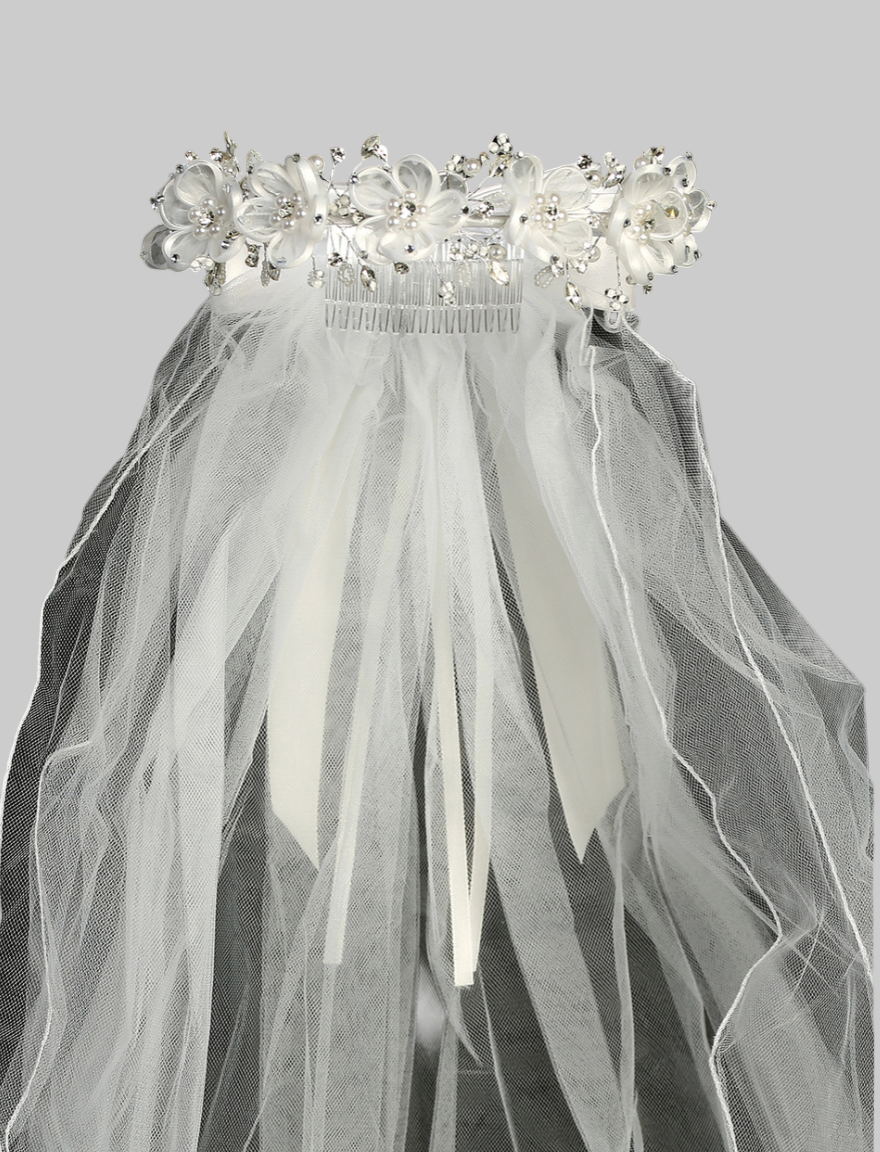 White Flower and Rhinestone Wreath and Veil