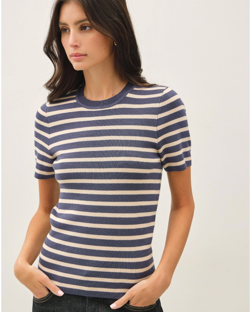 Dark Teal Stripe Short Sleeve Sweater