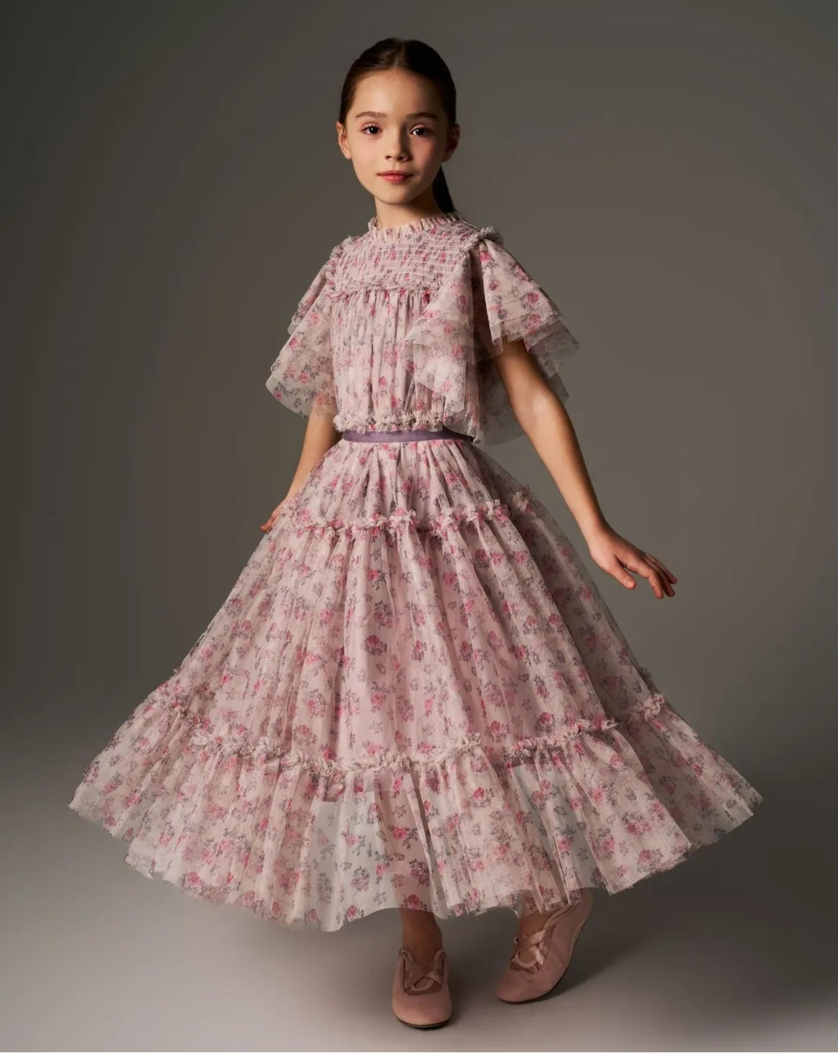 Girl's Carolina Rose Print Tulle Dress
