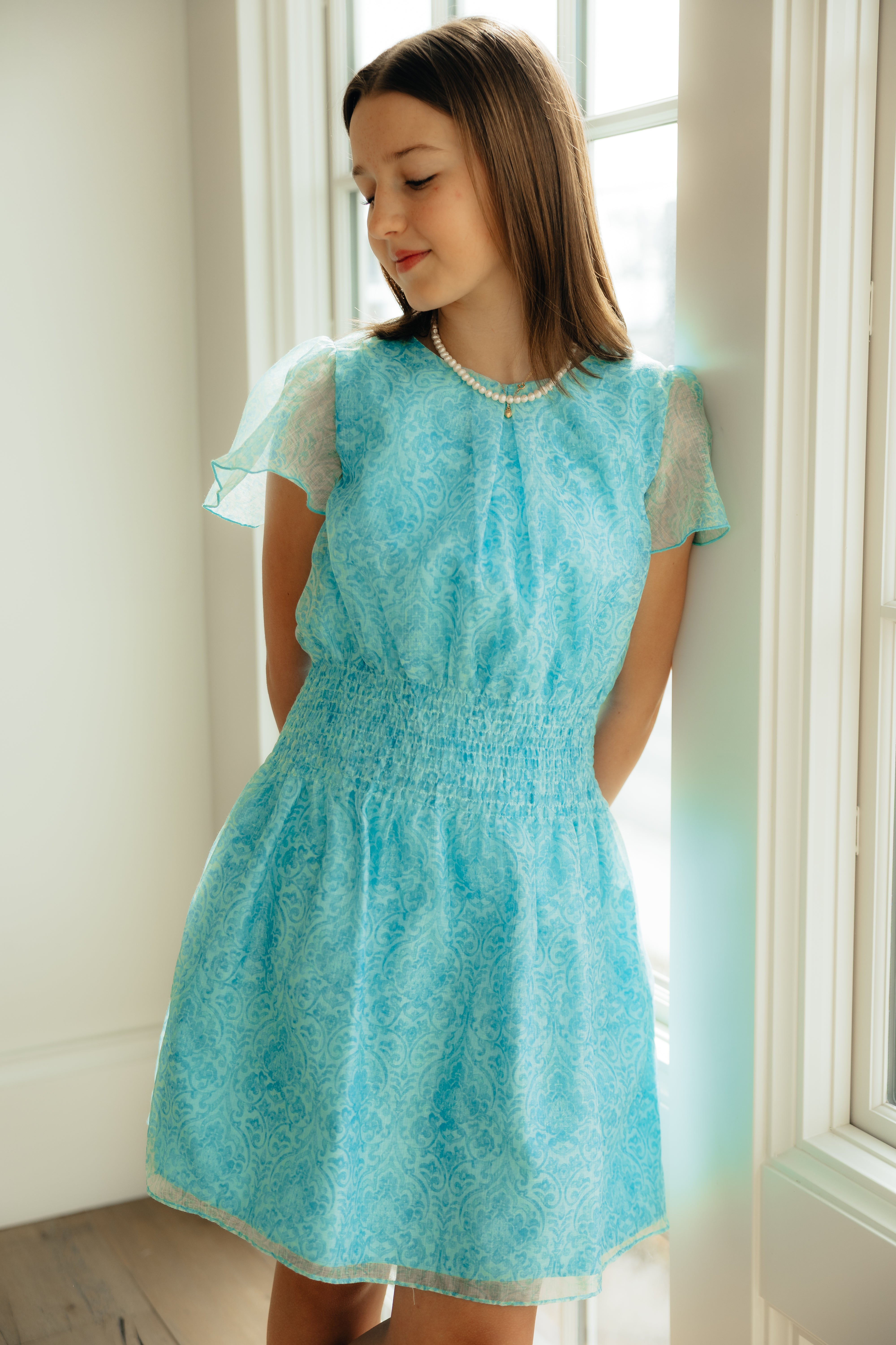 Aqua Chiffon Smocked Waist Dress