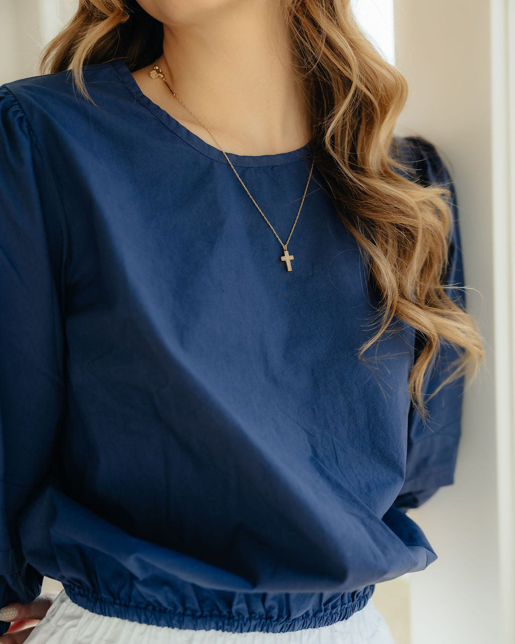 Women's Navy Elastic Waist Dolman Blouse