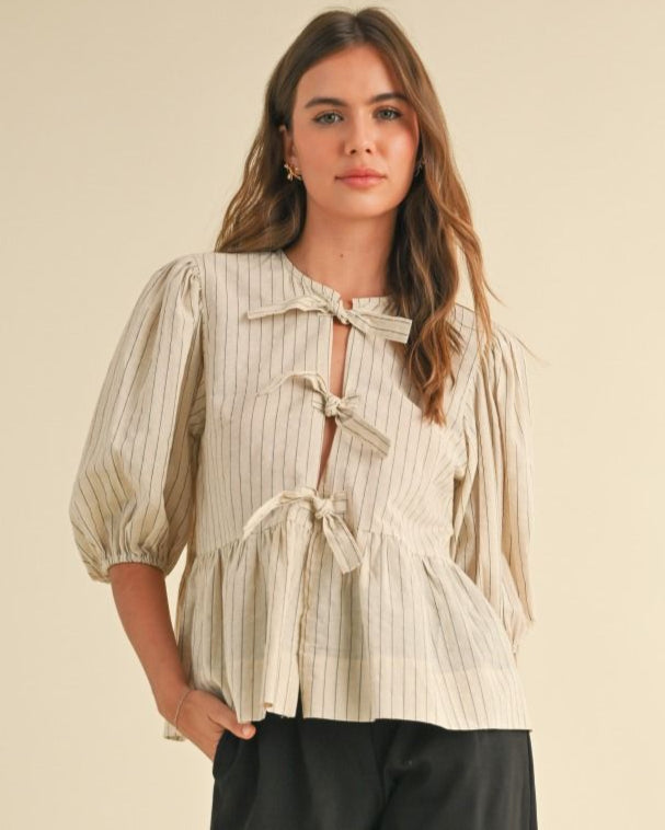 Beige and Black Pinstripe Three Bow Blouse