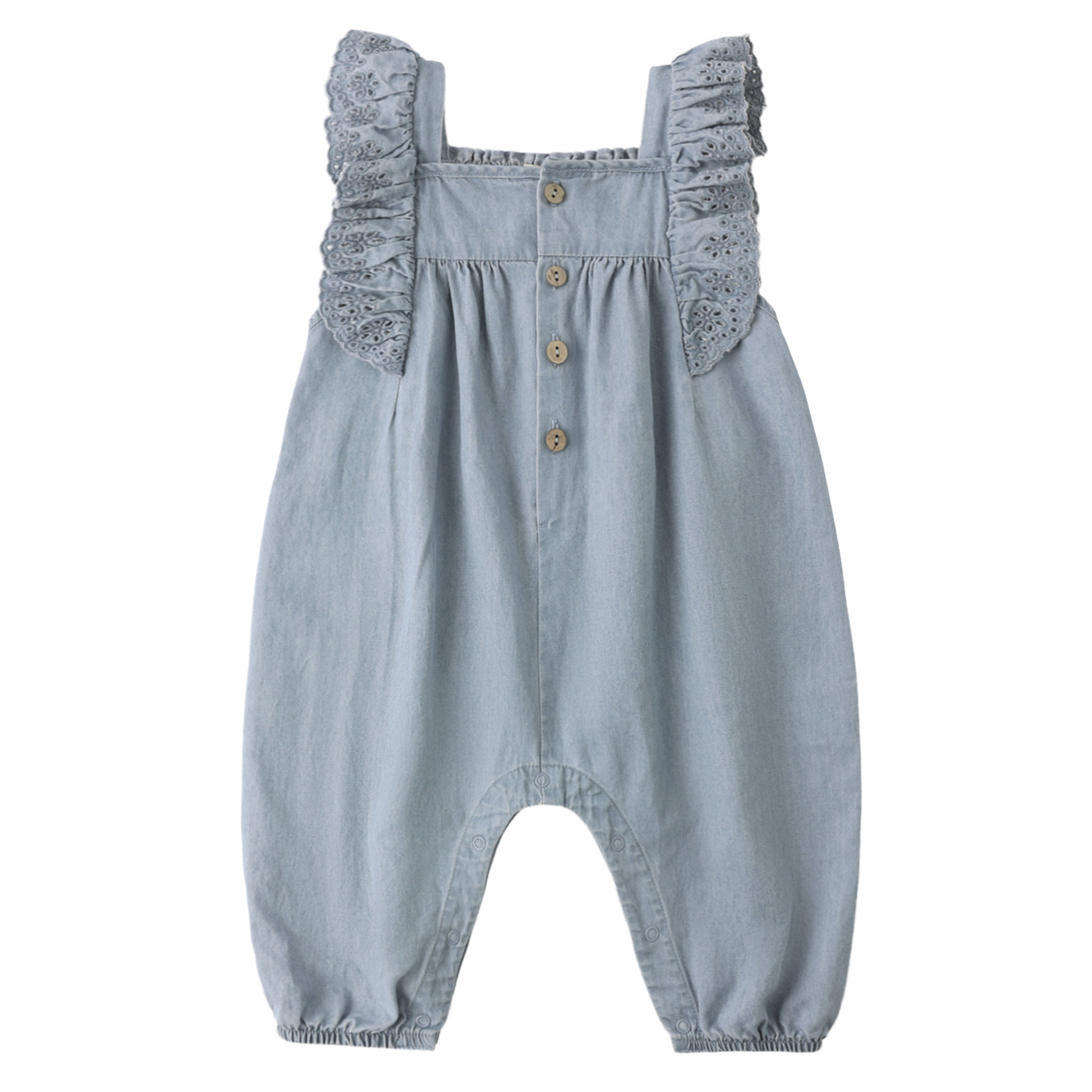 Quincy Mae Chambray Romper Eyelet Trim