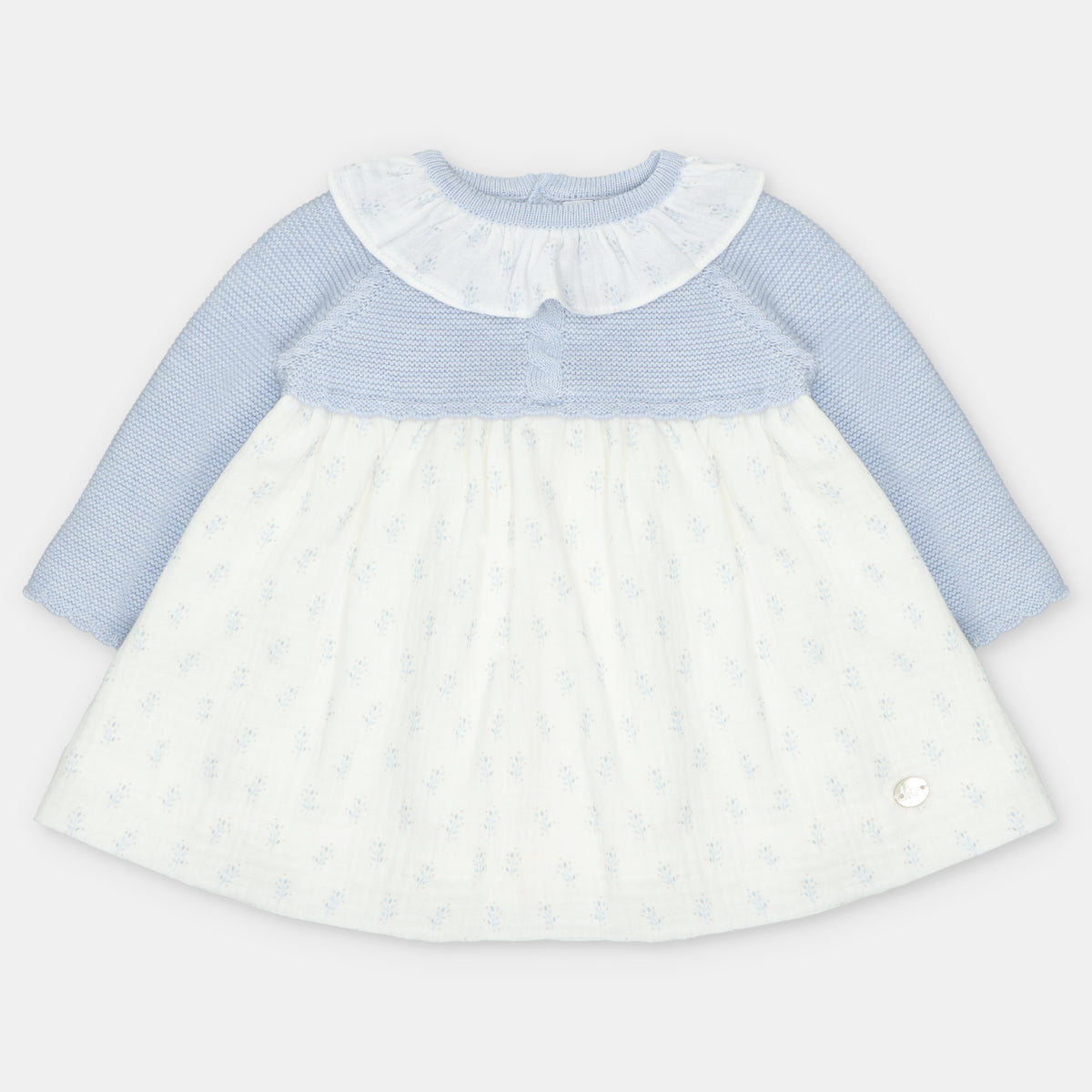 Light Blue Knit and Woven Leaf Print Dress