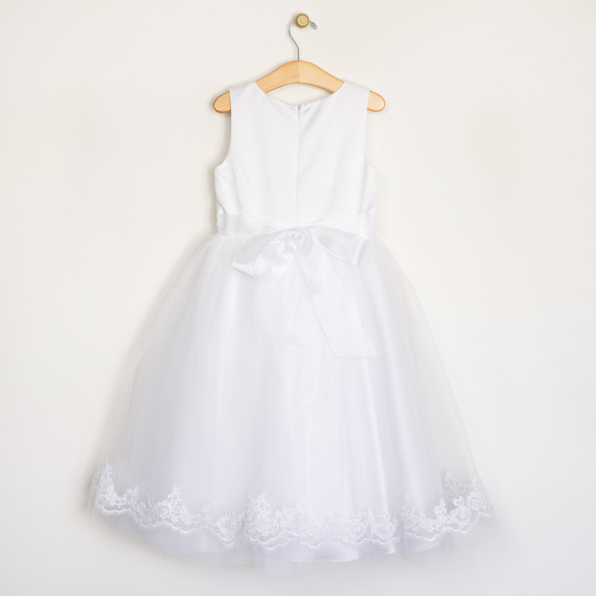 Girl's White Tulle & Lace Bow Dress