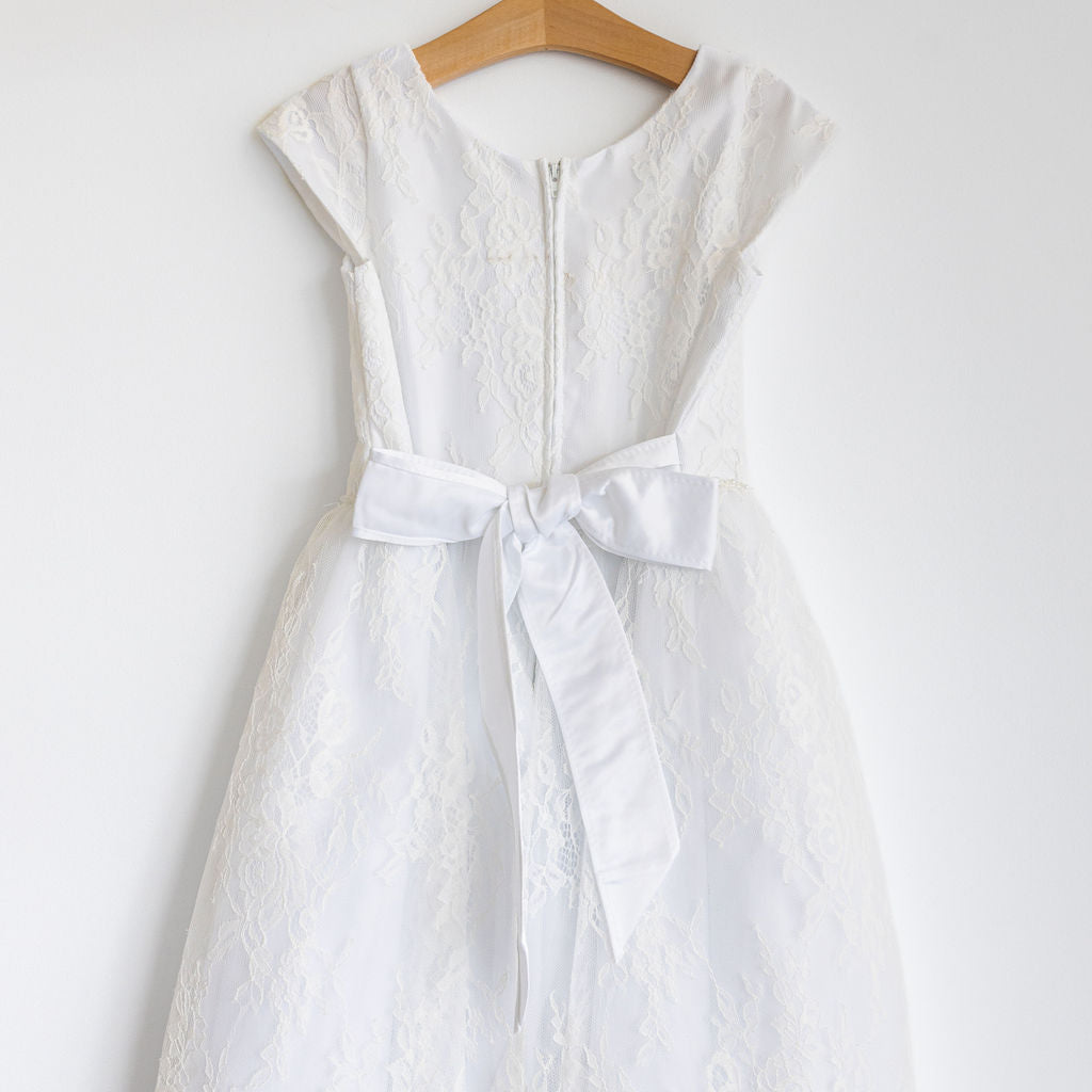 Girl's White Lace Dress Pearl Waist