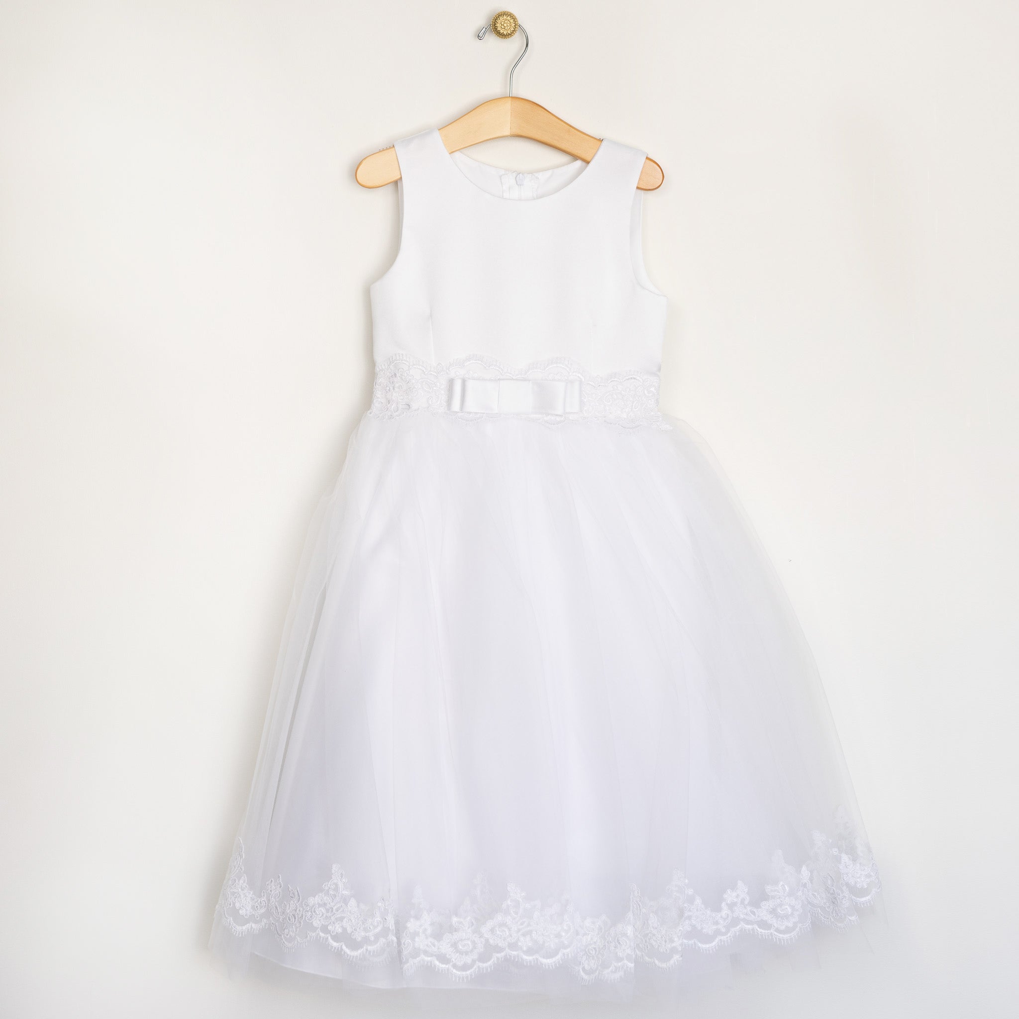 Girl's White Tulle & Lace Bow Dress