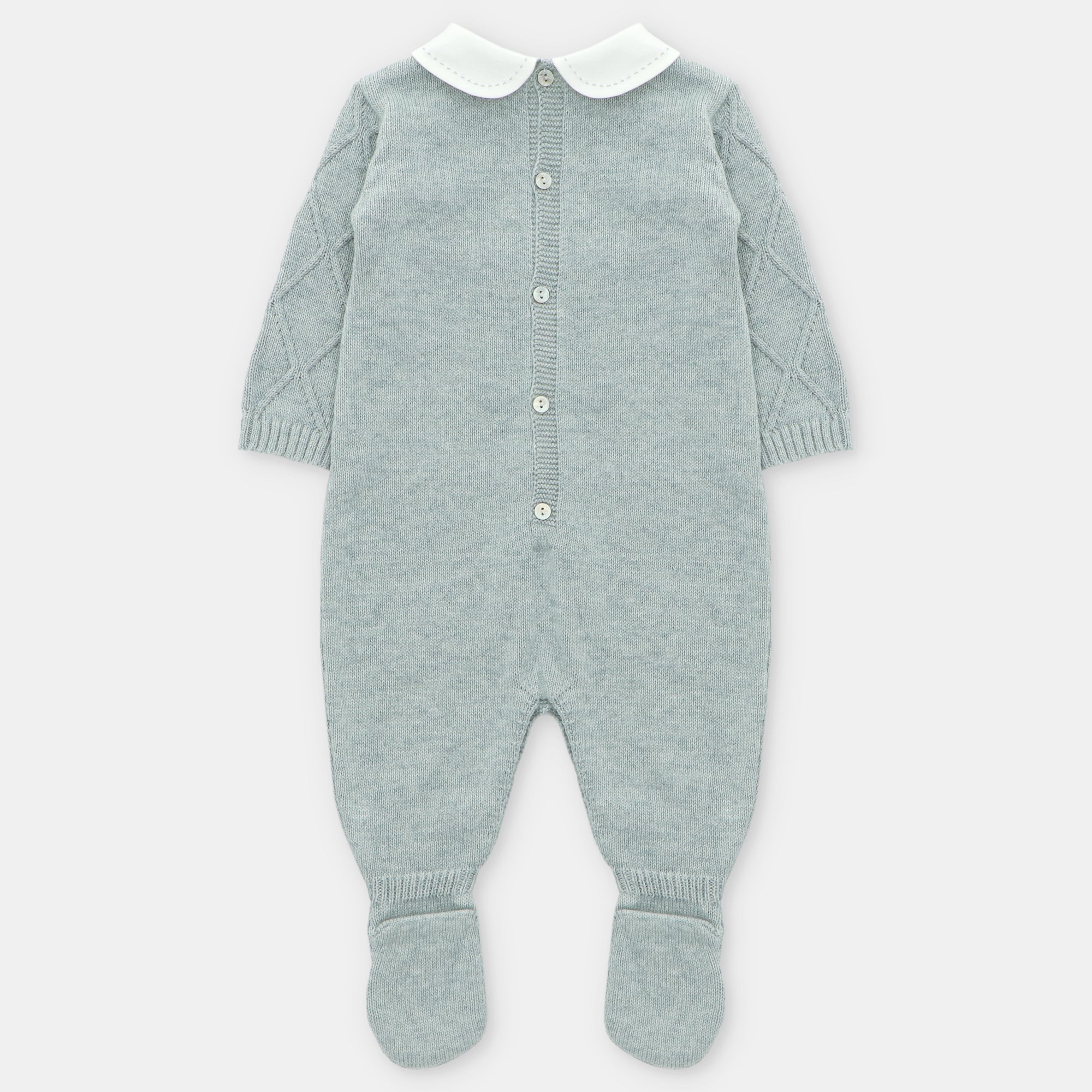 Sage Knitted Lattice Footie White Collar