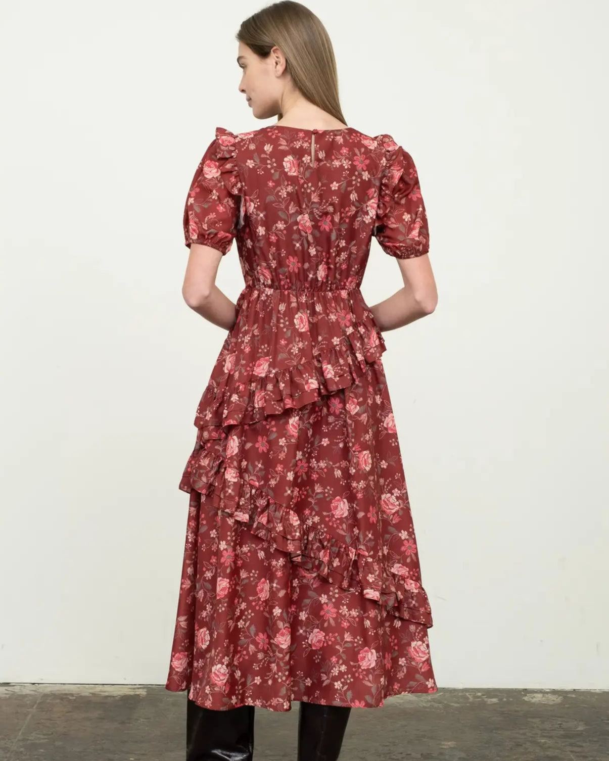 Olivia Burgundy Floral Ruffle Dress