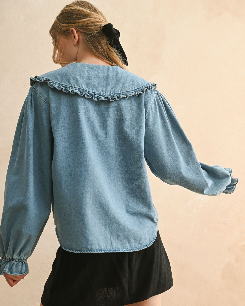 Vintage Denim Wide Ruffle Collare Shirt